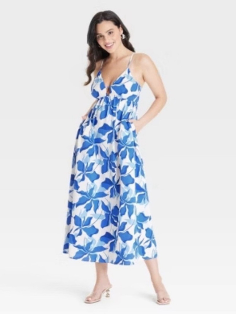 a new day Blue & White Floral Spaghetti-Strap Midi Dress